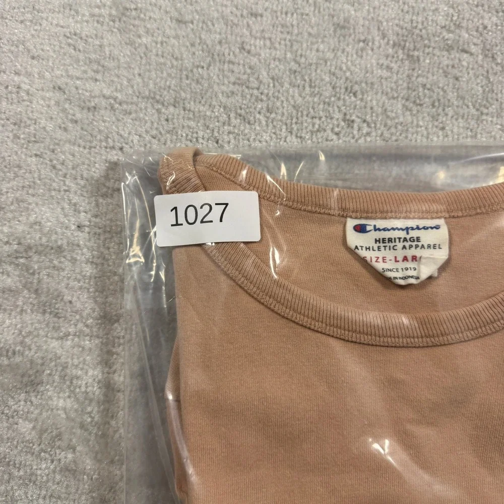 Champion Heritage Graphic T-Shirt Mens Large Tan Salmon Script Logo Cotton T1919 - Picture 8 of 8